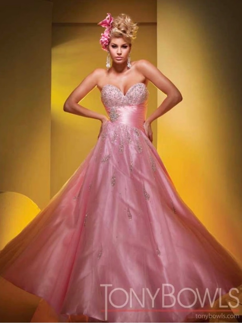 Tony Bowls Pink Beaded Tulle Formal Dress